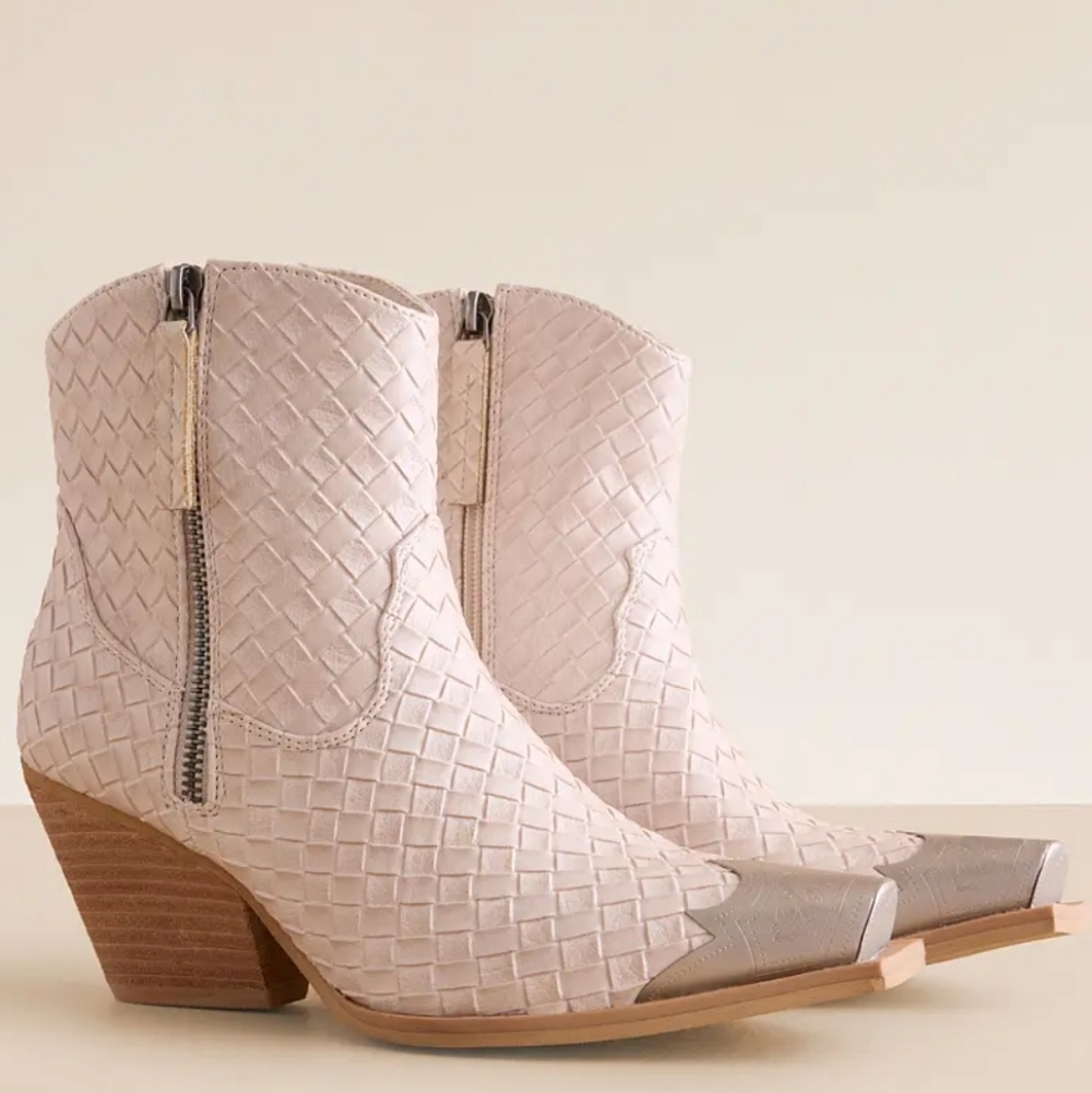 Buckle Woven Leather Ankle Boots - Light Beige